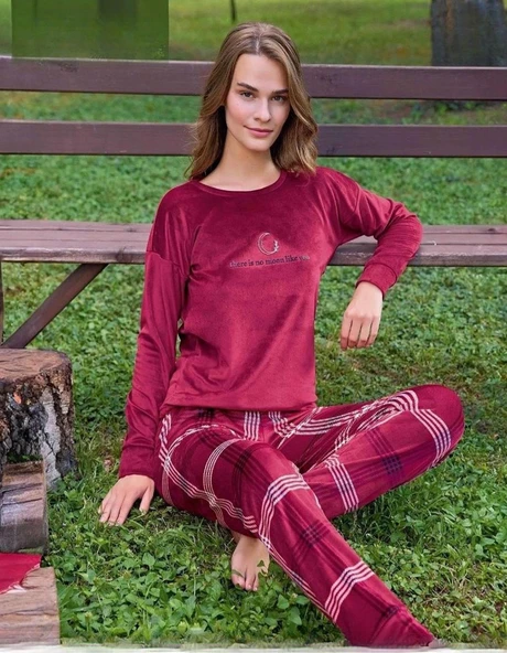 Pijamoni Kadın Kışlık Bisiklet Yaka Likralı Kadife Pijama Takımı 4210/2- 1 Adet  L Bordo ürün görseli 1