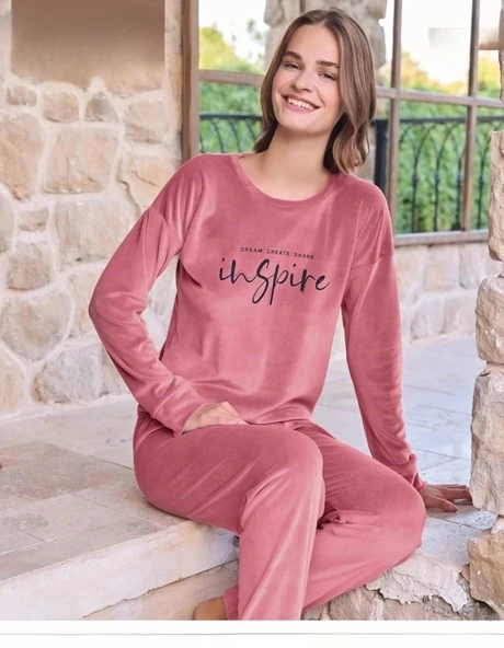 Pijamoni Kadın Kışlık Bisiklet Yaka Likralı Kadife Pijama Takımı 4200/10 - 1 Adet  L Gül Kurusu ürün görseli 1