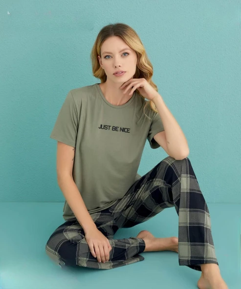Mihra Kadın Bisiklet Yaka MİLAN Likralı Kısa Kol Pijama Takımı 50107/100 - 1 Adet  XL Yeşil ürün görseli 1