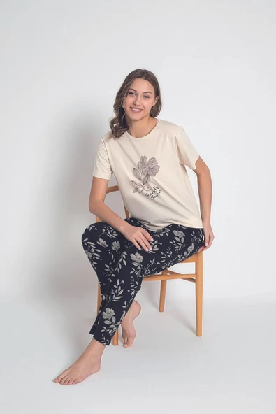 Senfoni Kadın Bisiklet Yaka Kısa Kol Pamuklu Pijama Takımı 6043 -1 Adet  L Ekru ürün görseli 1