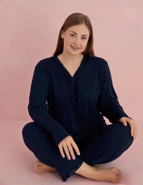 Pijamerry Kadın Büyük Beden Dantel Yaka Bambu Uzun Kol Pijama Takımı 5075 - 1 Adet  Lacivert 3XL ürün görseli 1