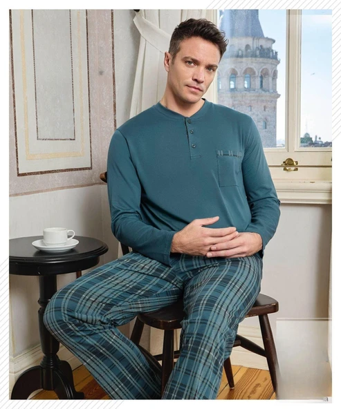 Pijamoni Erkek Düğme Yaka Uzun Kol Mevsimlik Pijama Takımı 6800/10 - 1 Adet  L Petrol ürün görseli 1