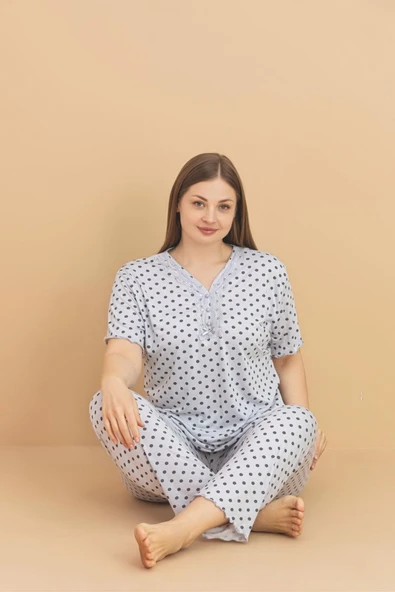 Pijamerry Kadın Büyük Beden Dantel Yaka Bambu Kısa Kol İnce Pijama Takımı 5929 - 1 Adet  Gri 2XL ürün görseli 1