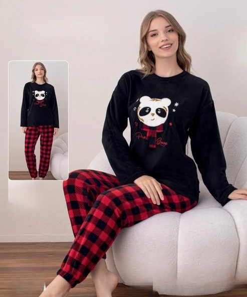 Boyraz Kadın Kışlık Bisiklet Yaka Soft Kadife Pijama Takımı 07016 - 1 Adet  Siyah 2XL ürün görseli 1