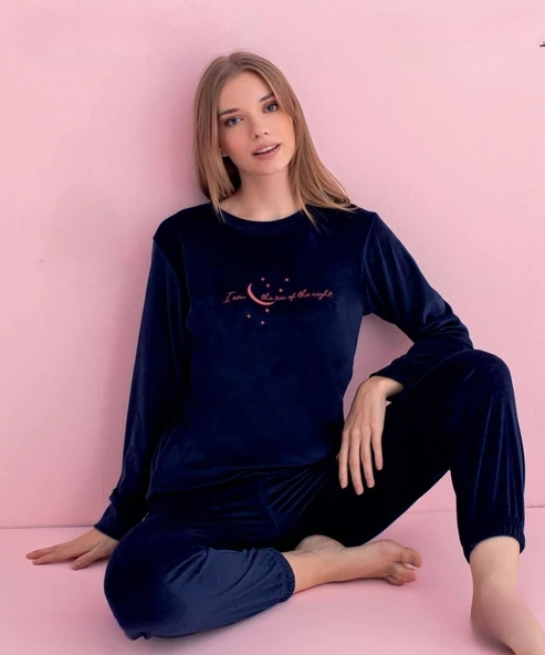 Pijamerry Kadın Kışlık Bisiklet Yaka Kadife Pijama Takımı 3037L - 1 Adet  L Lacivert ürün görseli 1