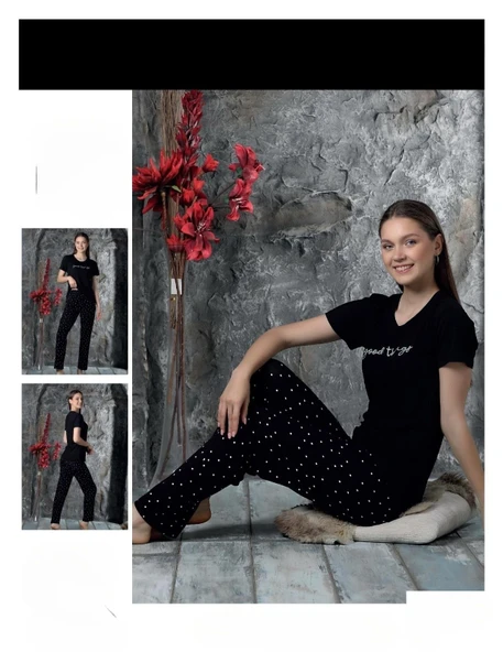 Charme Kadın Milan Bisiklet Yaka Kısa Kol Pijama Takımı P300/396- 1 Adet  Siyah S ürün görseli 1