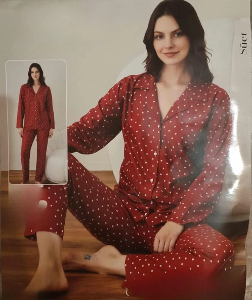Boyraz Slim Fit Kadın Süet Boydan Düğmeli Pijama Takımı 02021 - 1 Adet  S - M Kırmızı ürün görseli 1