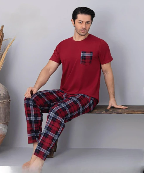 Pijamoni Erkek Bisiklet Yaka Kısa Kol İnce Pijama Takımı 6163/9 - 1 Adet  XL Bordo ürün görseli 1
