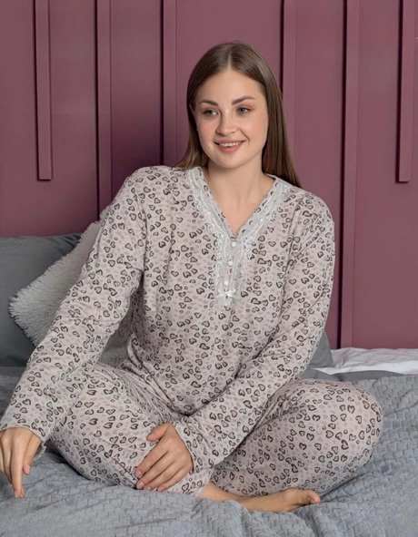 Pijamerry Kadın Büyük Beden Dantel Yaka Bambu Uzun Kol Pijama Takımı 5162 - 1 Adet  4XL Açık Kahve ürün görseli 1
