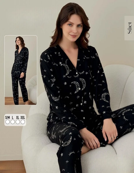 Boyraz Kadın Süet Boydan Düğmeli Pijama Takımı 02009 - 1 Adet  XL Siyah ürün görseli 1