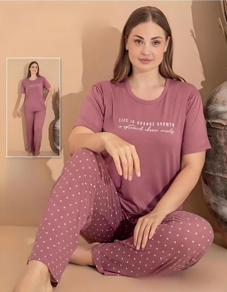 Boyraz Kadın Milan Büyük Beden Bisiklet Yaka Kısa Kol İnce Pijama Takımı 11052 - 1 Adet  2XL Pudra ürün görseli 1
