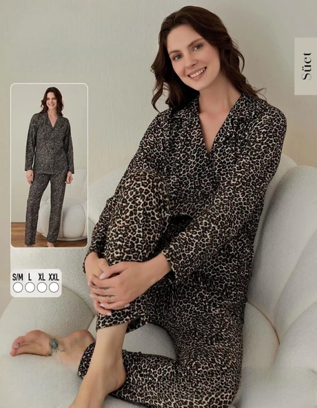 Boyraz Kadın Süet Leopar Desenli Boydan Düğmeli Pijama Takımı 02006 - 1 Adet  L Kahverengi ürün görseli 1