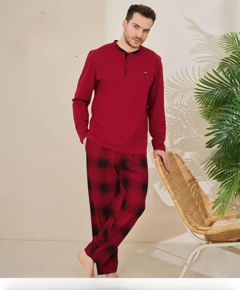 Pijamoni Erkek Pamuklu Düğme Yaka Uzun Kol İnce Pijama Takımı 100/7 - 1 Adet  M Bordo ürün görseli 1