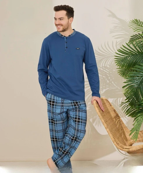 Pijamoni Erkek Pamuklu Düğme Yaka Uzun Kol İnce Pijama Takımı 100/4 - 1 Adet  XL Mavi ürün görseli 1
