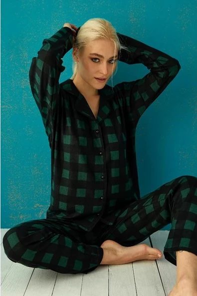 Pijamoni Kadın Süet Önden Düğmeli Pijama Takımı 56602 - 1 Adet  XL Yeşil ürün görseli 1