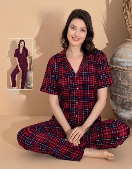 Boyraz Kadın Milan Boydan Düğmeli Kısa Kol İnce Pijama Takımı 11065 - 1 Adet  XL Kırmızı ürün görseli 1