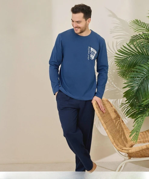 Pijamoni Erkek Pamuklu Bisiklet Yaka Uzun Kol İnce Pijama Takımı 6150/6 - 1 Adet  2XL Mavi ürün görseli 1