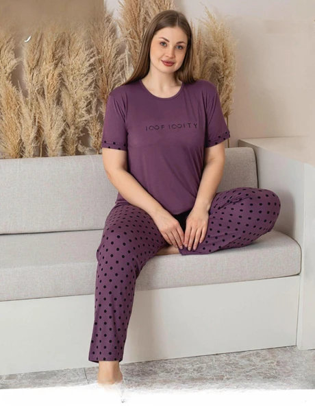 Pijamoni Kadın Milan Büyük Beden Bisiklet Yaka Kısa Kol İnce Pijama Takımı 7665/1- 1 Adet  4XL Mor ürün görseli 1