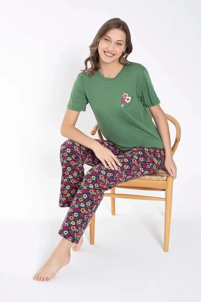 SENFONİ Kadın Bisiklet Yaka Çiçek Desenli Pijama Takımı 6032 -1 Adet  Yeşil S - M ürün görseli 1
