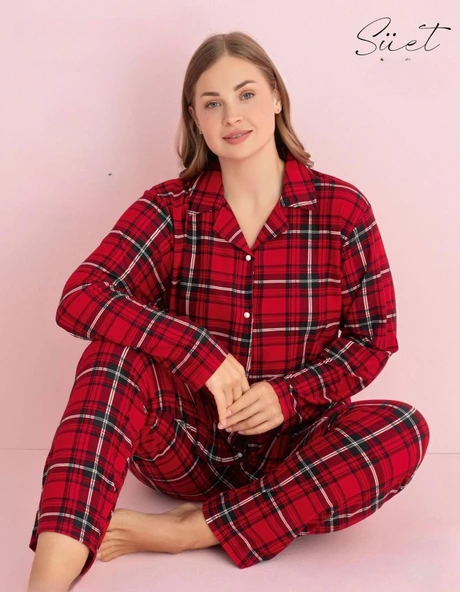 Pijamerry Kadın Büyük Beden Gömlek Yaka Süet Uzun Kol Pijama Takımı 5269- 1 Adet  2XL Kırmızı ürün görseli 1