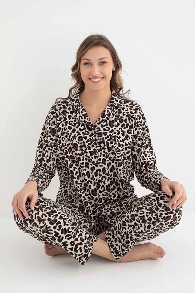 Senfoni Kadın Gömlek Yaka Uzun Kol Leopar Desenli Pamuklu Pijama Takımı 6007 -1 Adet  L Kahverengi ürün görseli 1