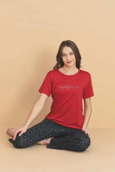 Pijamerry Kadın Bisiklet Yaka MİLAN Kumaş Likralı Kısa Kollu Pijama Takımı 5936 - 1 Adet  XL Kırmızı ürün görseli 1