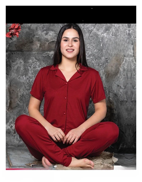 Charme Kadın Milan Gömlek Yaka Kısa Kol Pijama Takımı P300/223- 1 Adet  L Kırmızı ürün görseli 1