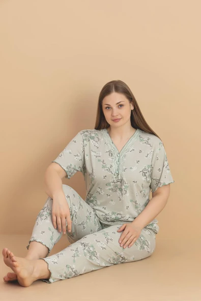 Pijamerry Kadın Büyük Beden Dantel Yaka Bambu Kısa Kol İnce Pijama Takımı 5990 - 1 Adet  Yeşil 2XL ürün görseli 1