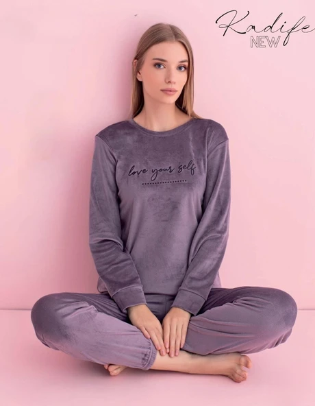 Pijamerry Kadın Kışlık Bisiklet Yaka Kadife Pijama Takımı 3034M - 1 Adet  S Açık Mor ürün görseli 1