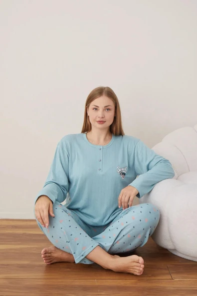 Lindros Kadın Pamuklu Düğme Yaka Raporlu İnterlok Battal Pijama Takımı 05108 - 1 Adet  4XL Su Yeşil ürün görseli 1