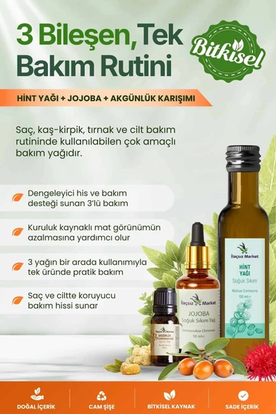 3’lü Sinerji Bakım Seti: Hint Yağı + Jojoba + Akgünlük (DIY Serum Kiti) (%100 Saf & Soğuk Sıkım) ürün görseli 1