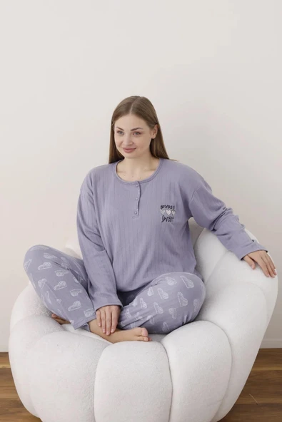 Lindros Kadın Pamuklu Düğme Yaka Raporlu İnterlok Battal Pijama Takımı 05114 - 1 Adet  4XL Lila ürün görseli 1
