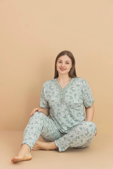 Pijamerry Kadın Büyük Beden Dantel Yaka Bambu Kısa Kol İnce Pijama Takımı 5930 - 1 Adet  Yeşil 2XL ürün görseli 1