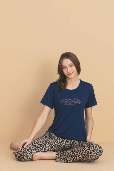 Pijamerry Kadın Bisiklet Yaka MİLAN Kumaş Likralı Kısa Kollu Pijama Takımı 5944 - 1 Adet  Lacivert 2XL ürün görseli 1