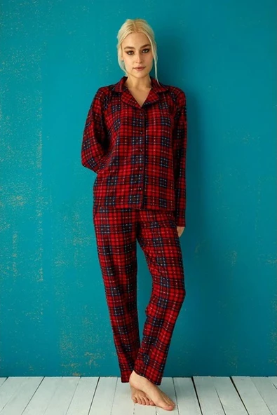 Pijamoni Kadın Süet Önden Düğmeli Pijama Takımı 56603 - 1 Adet  XL Kırmızı ürün görseli 1