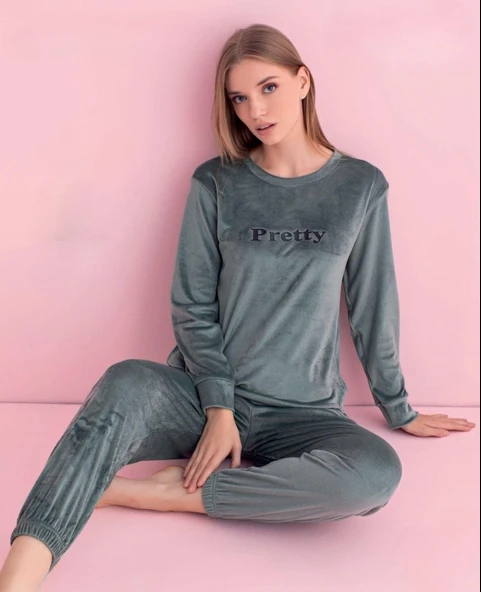 Pijamerry Kadın Kışlık Bisiklet Yaka Kadife Pijama Takımı 3035SY - 1 Adet  XL Su Yeşil ürün görseli 1