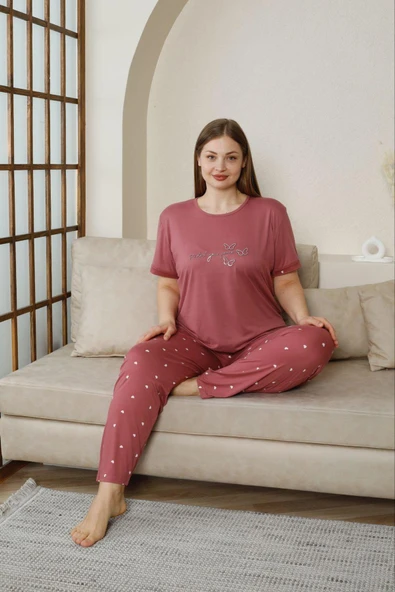 Pijamoni Kadın Milan Büyük Beden Bisiklet Yaka Kısa Kol İnce Pijama Takımı 7665/12- 1 Adet  Gül Kurusu 3XL ürün görseli 1