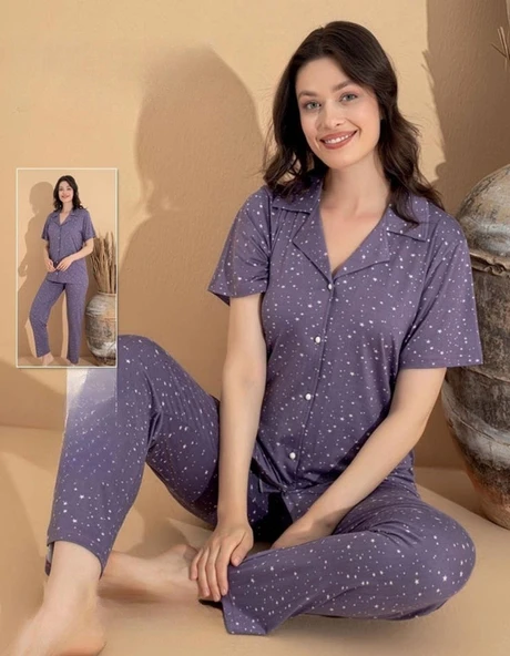 Boyraz Kadın Milan Boydan Düğmeli Kısa Kol İnce Pijama Takımı 11071 - 1 Adet  XL Mor ürün görseli 1