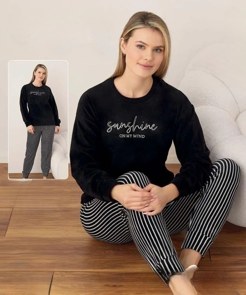 Boyraz Kadın Kışlık Bisiklet Yaka Soft Kadife Pijama Takımı 07041 - 1 Adet  Siyah S - M ürün görseli 1
