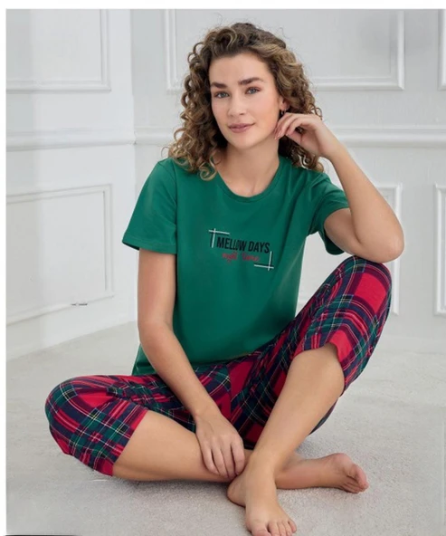 Mihra Kadın Bisiklet Yaka COMPACT PENYE Likralı KAPRİ Kısa Kol Pijama Takımı 90753Y - 1 Adet  XL Yeşil ürün görseli 1
