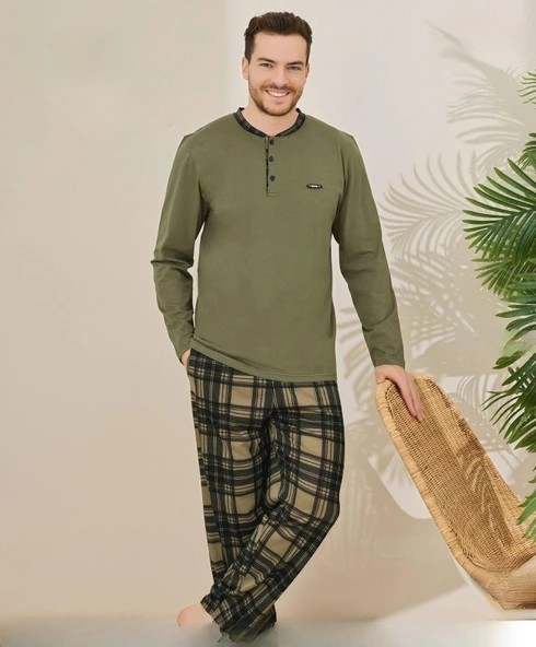 Pijamoni Erkek Pamuklu Düğme Yaka Uzun Kol İnce Pijama Takımı 100/11 - 1 Adet  L Haki ürün görseli 1
