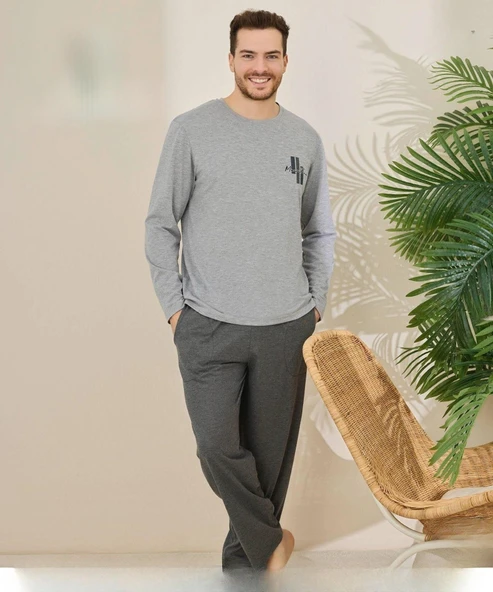 Pijamoni Erkek Pamuklu Bisiklet Yaka Uzun Kol İnce Pijama Takımı 6150/11 - 1 Adet  XL Gri ürün görseli 1