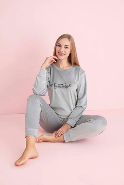 Pijamerry Kadın Kışlık Bisiklet Yaka Kadife Pijama Takımı 3023G - 1 Adet  M Gümüş ürün görseli 1