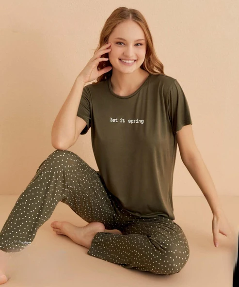 Mihra Kadın Bisiklet Yaka MİLAN Likralı Kısa Kol Pijama Takımı 50107H - 1 Adet  L Haki ürün görseli 1