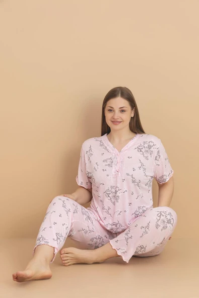 Pijamerry Kadın Büyük Beden Dantel Yaka Bambu Kısa Kol İnce Pijama Takımı 5989 - 1 Adet  4XL Pembe ürün görseli 1