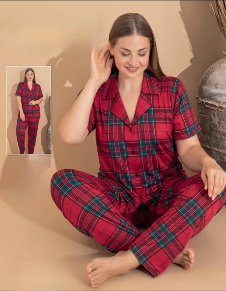 Boyraz Kadın Milan Büyük Beden Boydan Düğmeli Kısa Kol İnce Pijama Takımı 11081 - 1 Adet  Kırmızı 3XL ürün görseli 1