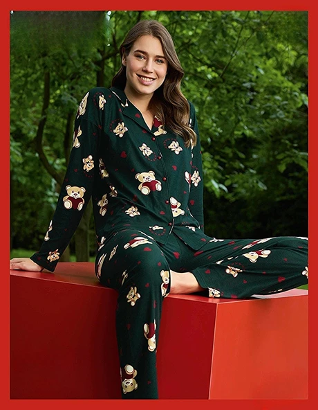 Pijamoni Kadın Süet Önden Düğmeli Likralı Pijama Takımı 9 - 1 Adet  L Yeşil ürün görseli 1