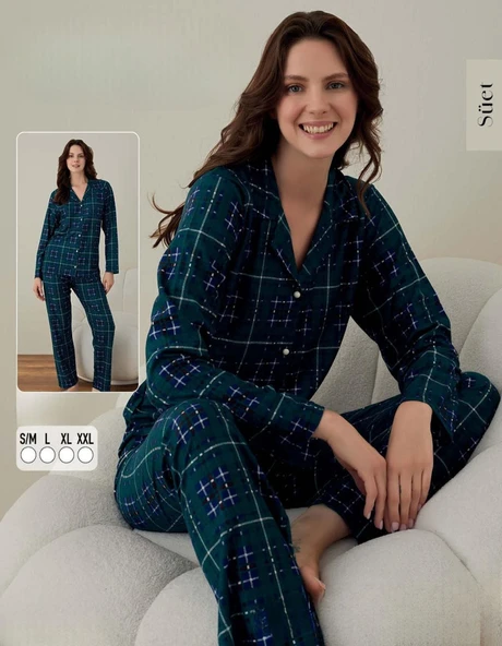 Boyraz Kadın Süet Boydan Düğmeli Pijama Takımı 02005 - 1 Adet  L Yeşil ürün görseli 1