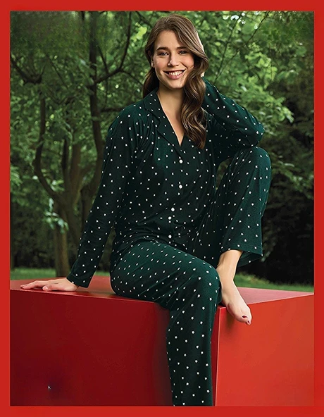Pijamoni Kadın Süet Önden Düğmeli Likralı Pijama Takımı 17 - 1 Adet  XL Yeşil ürün görseli 1