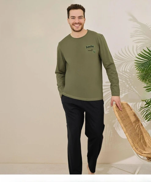 Pijamoni Erkek Pamuklu Bisiklet Yaka Uzun Kol İnce Pijama Takımı 6150/1 - 1 Adet  M Haki ürün görseli 1